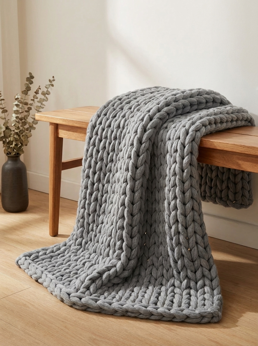 Chunky Knit Throw Blanket — Light Gray — lifestyle