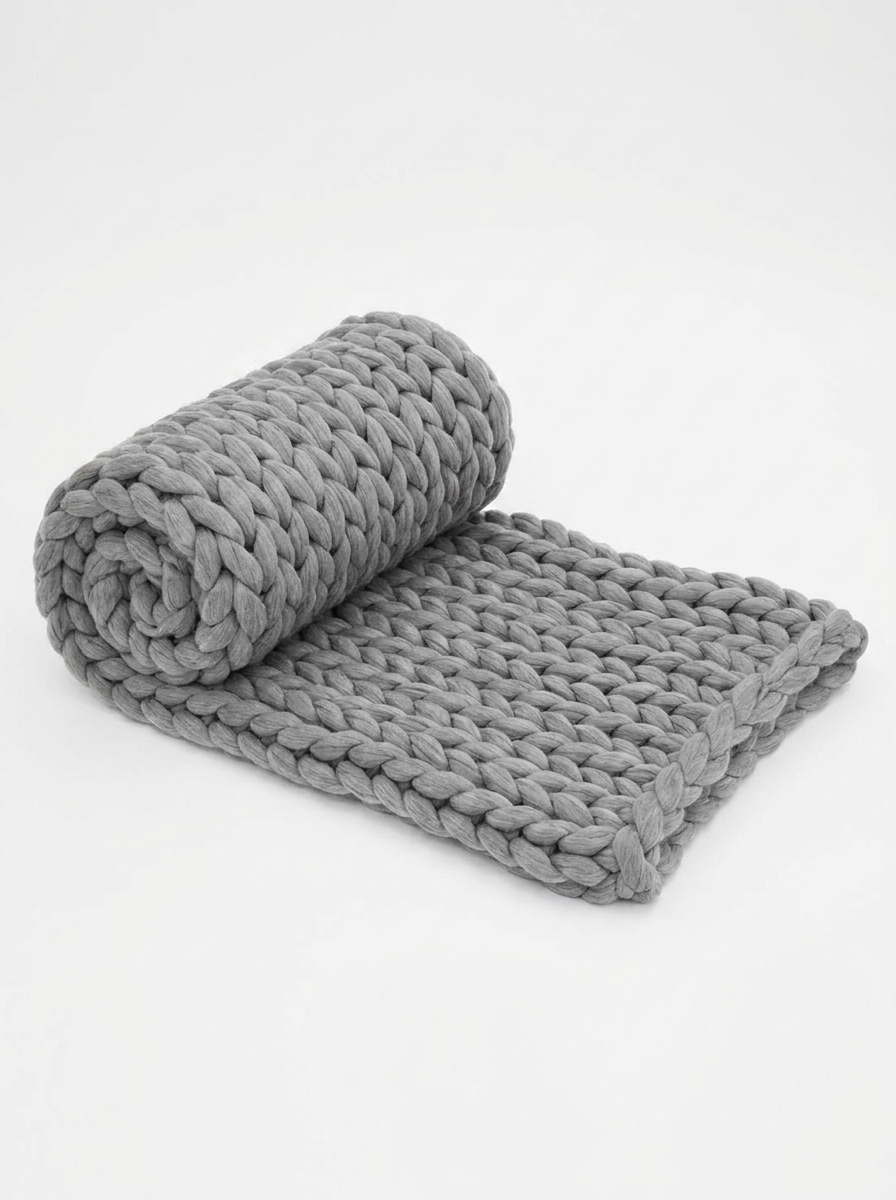 Chunky Knit Throw Blanket — Light Gray — rolled