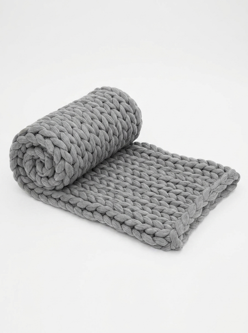 Chunky Knit Throw Blanket — Light Gray — rolled