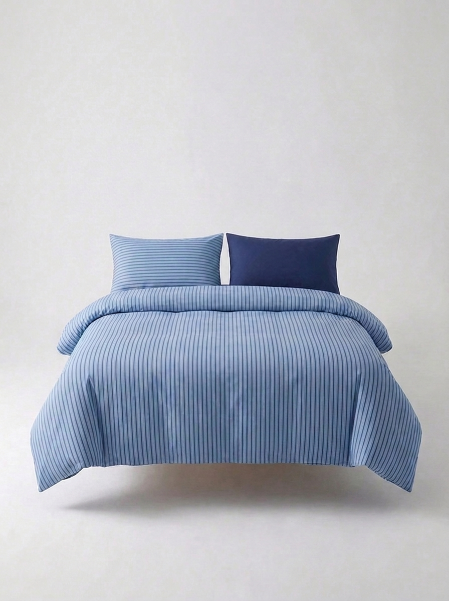INS Striped Cotton Bedding Set — Navy Stripe — made bed
