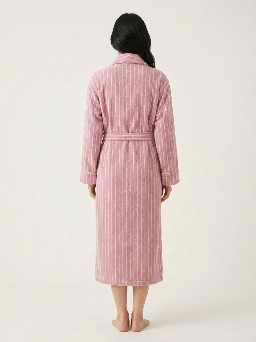 Cotton Bathrobe — Rose Pink & White — back worn
