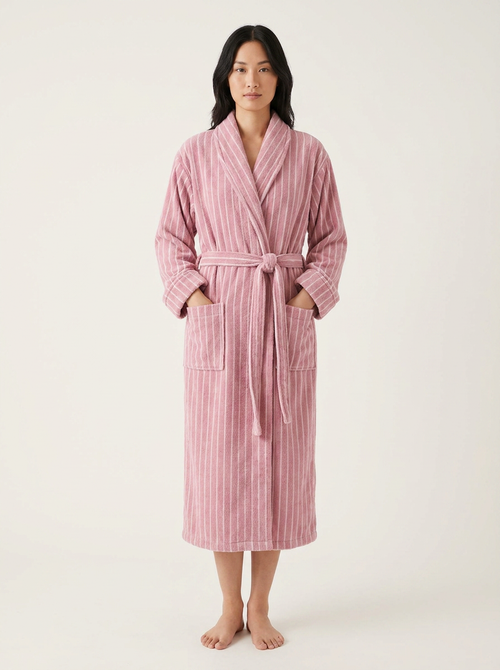 Cotton Terry Bathrobe — Rose Pink & White — front worn