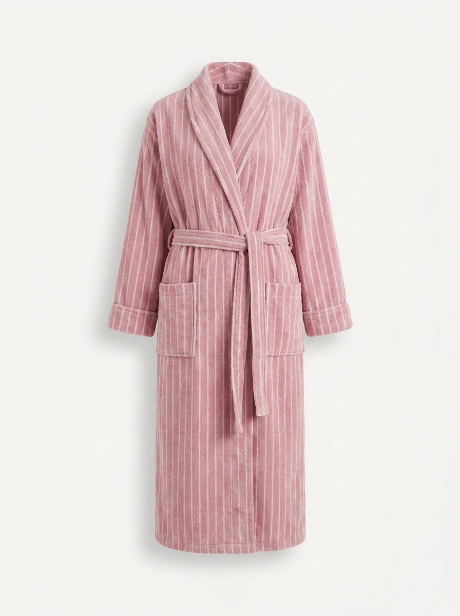 Cotton Bathrobe — Rose Pink & White — ghost flat