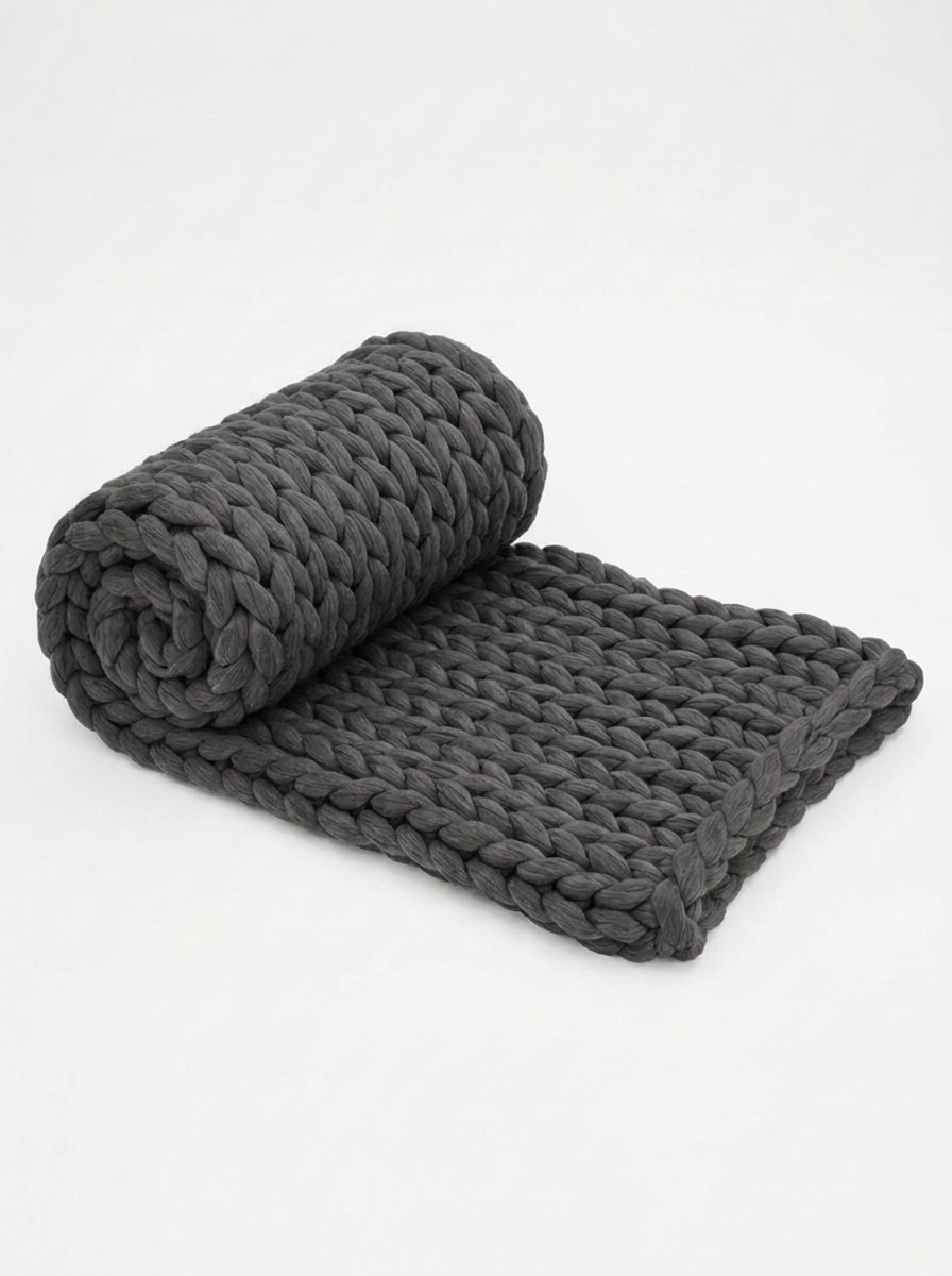 Chunky Knit Throw Blanket — Charcoal Gray — rolled