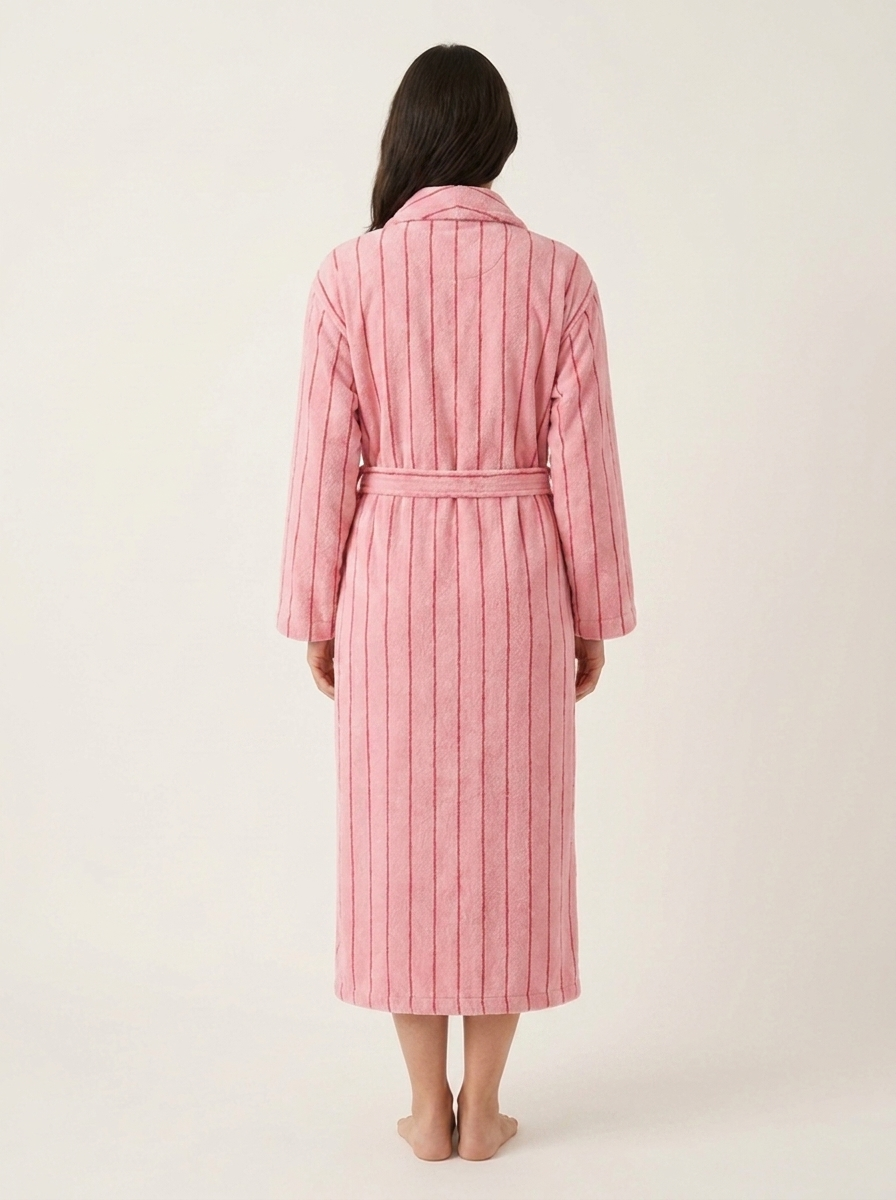 Cotton Terry Bathrobe — Coral Pink & Red — back worn