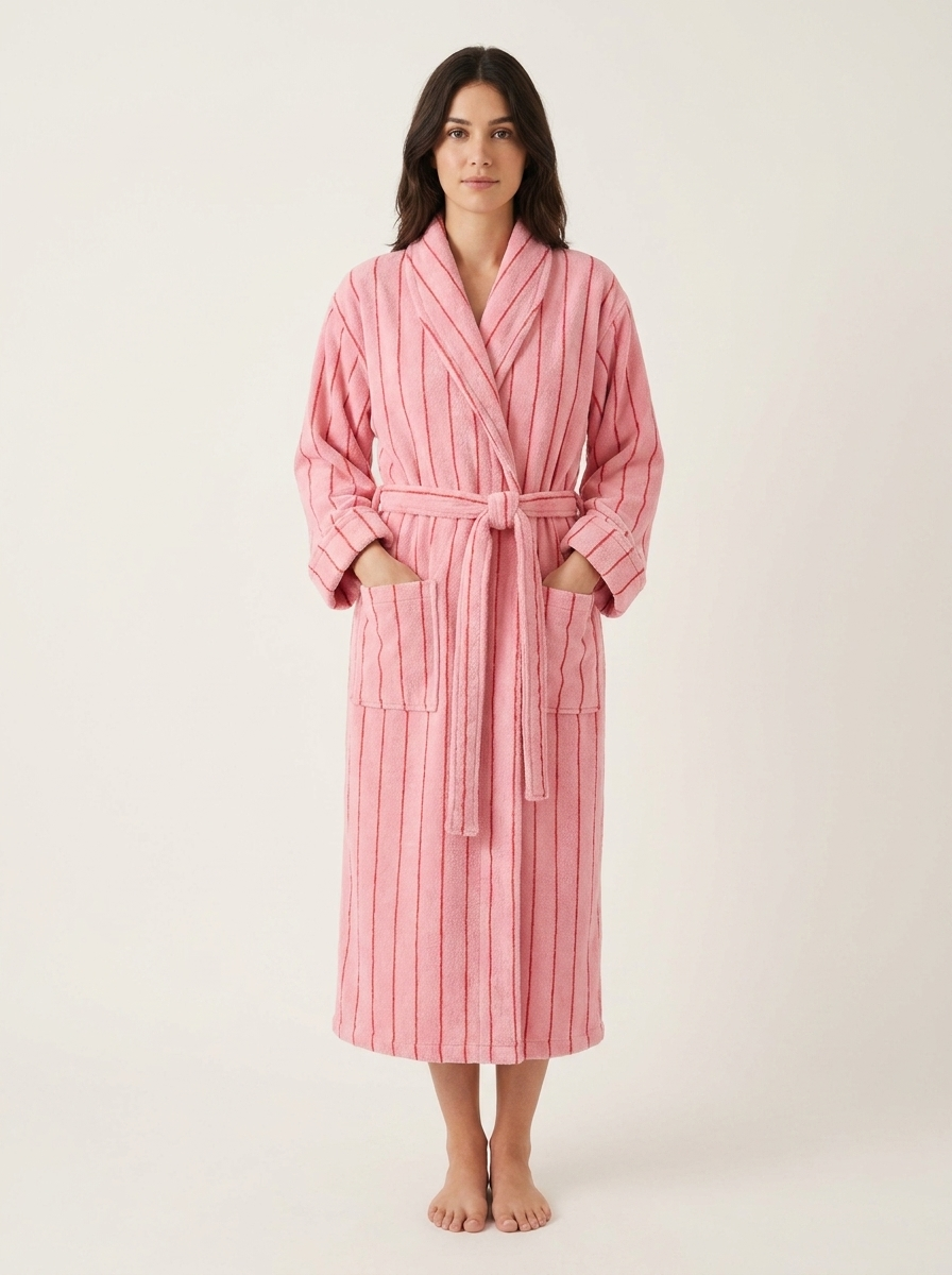 Cotton Terry Bathrobe — Coral Pink & Red — front worn