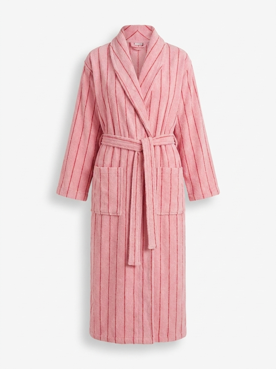 Cotton Terry Bathrobe — Coral Pink & Red — ghost flat