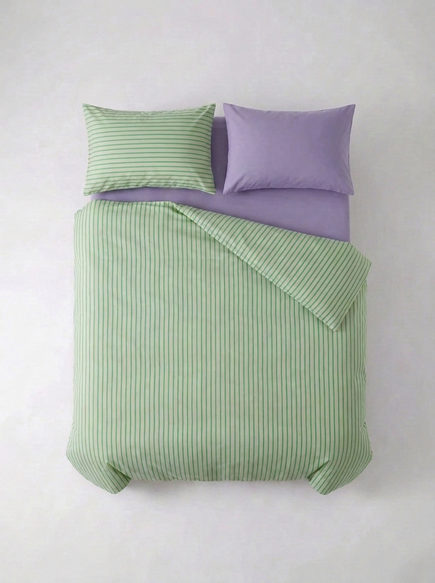 INS Striped Cotton Bedding Set — Green & Lavender — flat lay