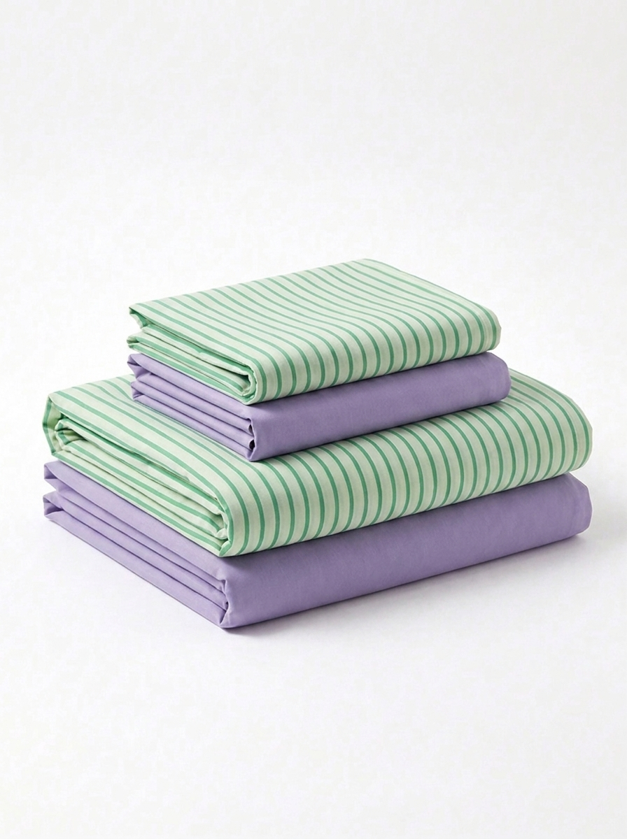 INS Striped Cotton Bedding Set — Green & Lavender — folded stack