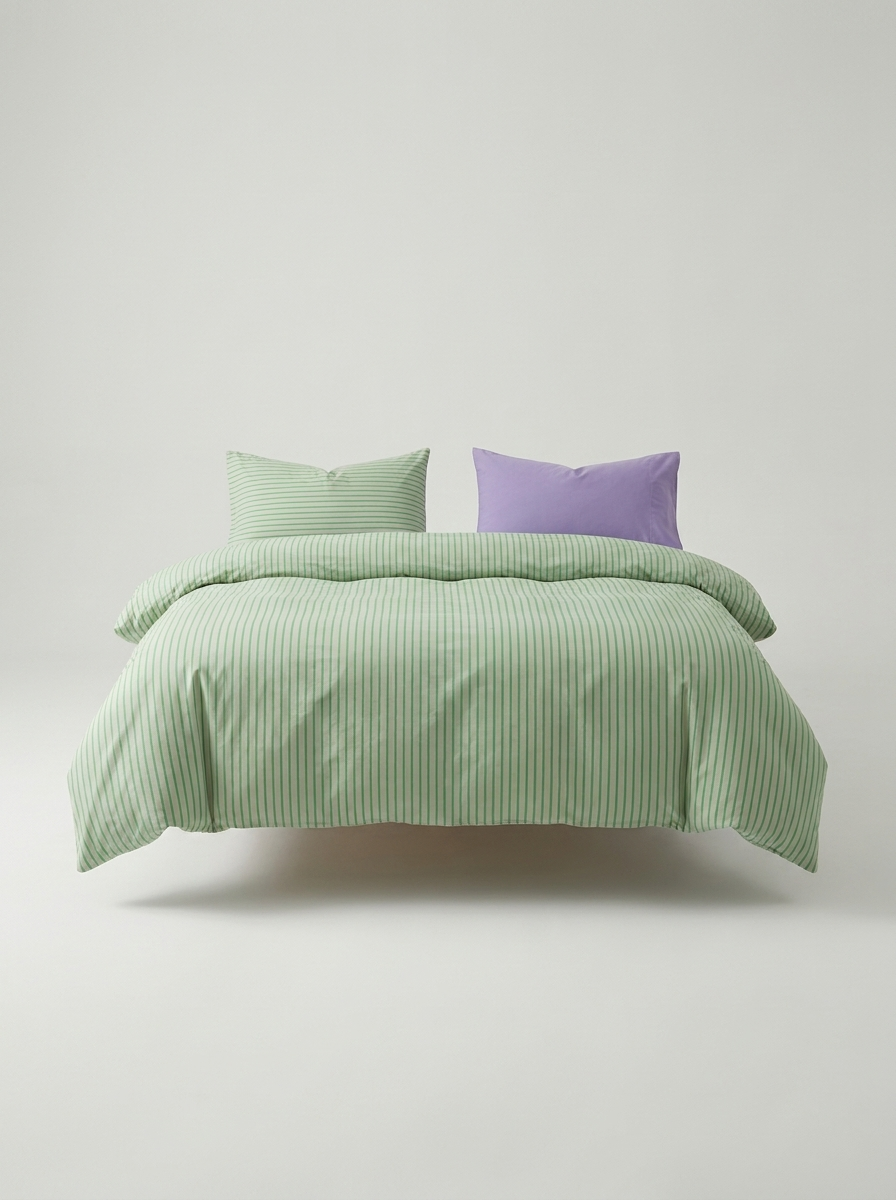INS Striped Cotton Bedding Set — Green & Lavender — made bed