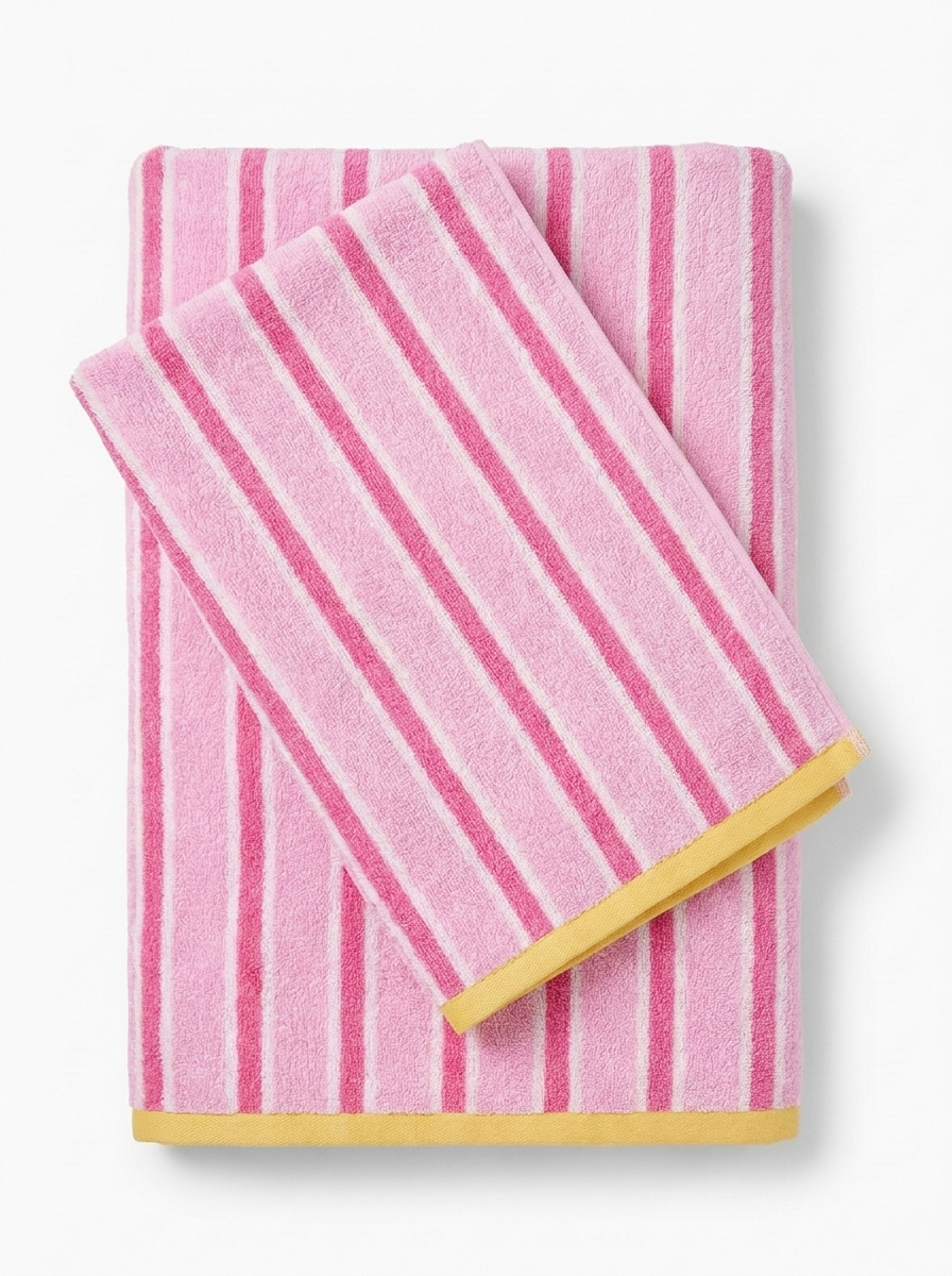 Striped Cotton Terry Towel — Pink & White — folded pair