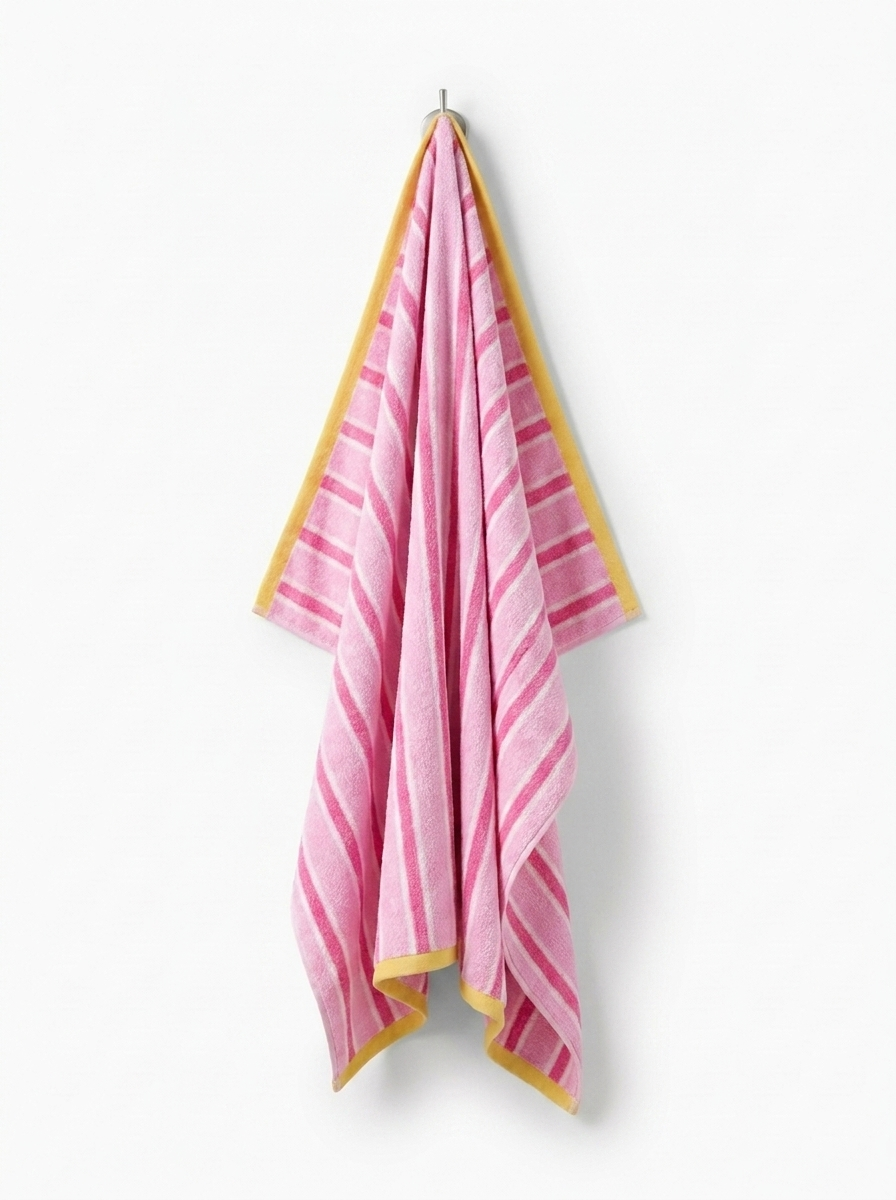Striped Cotton Terry Towel — Pink & White — hung