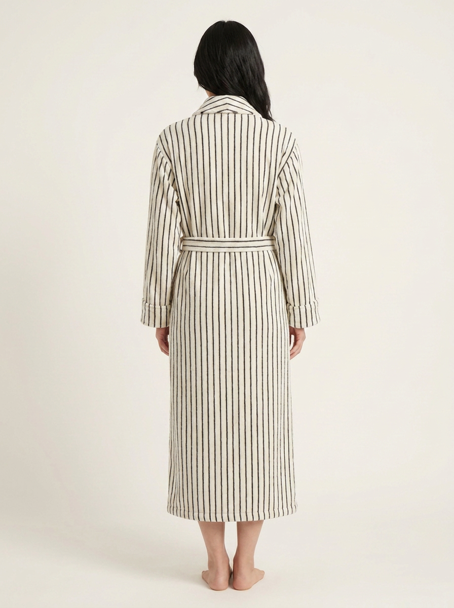 Cotton Terry Bathrobe — Ivory & Black — back worn