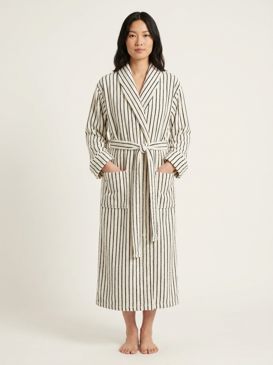 Cotton Terry Bathrobe — Ivory & Black — front worn