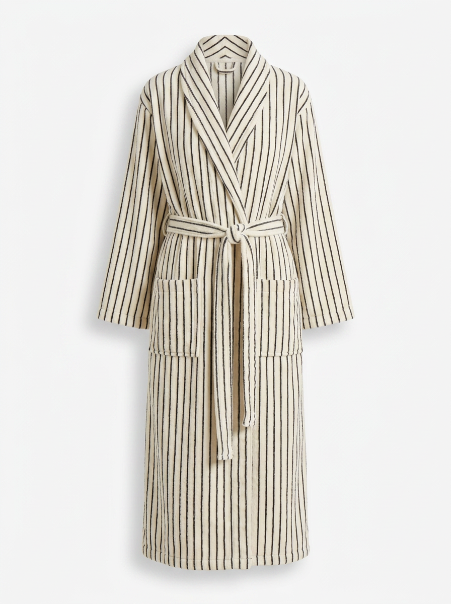 Cotton Terry Bathrobe — Ivory & Black — ghost flat