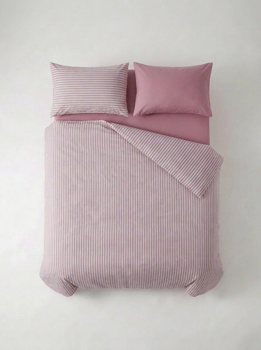 INS Striped Cotton Bedding Set — Pink & Rose — flat lay
