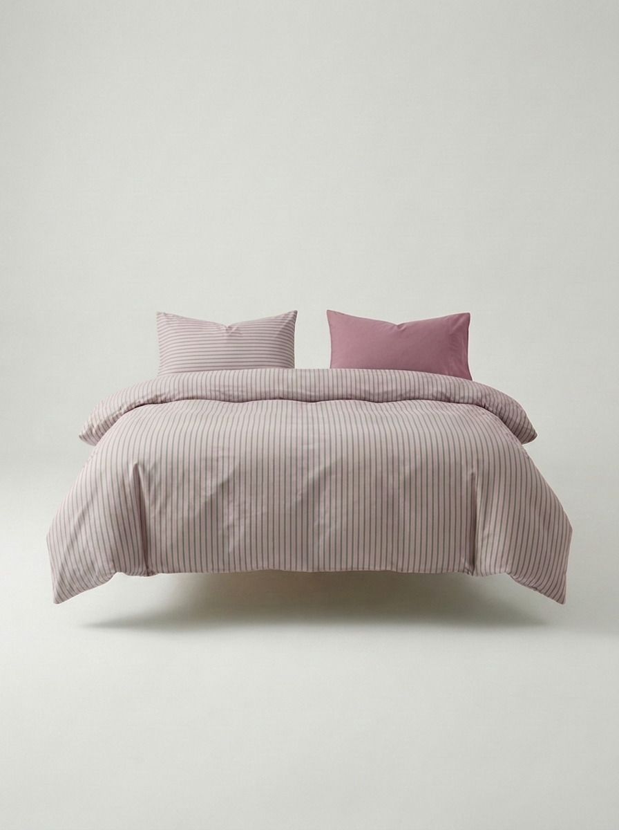 INS Striped Cotton Bedding Set — Pink & Rose — made bed
