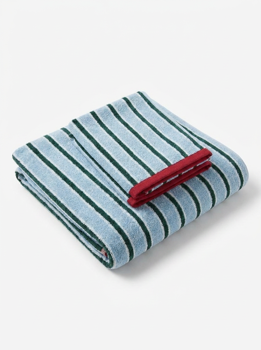 Striped Cotton Terry Towel — Sky Blue & Forest Green — folded pair
