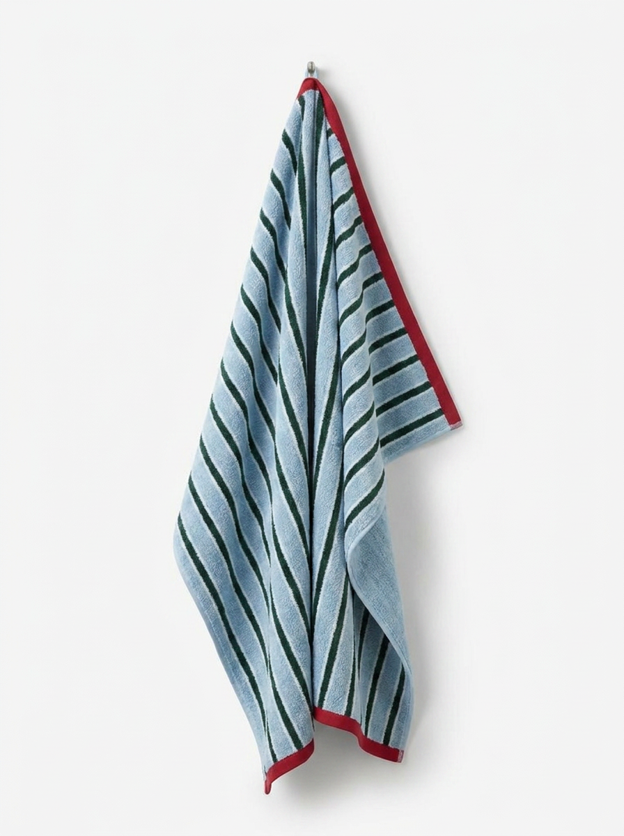 Striped Cotton Terry Towel — Sky Blue & Forest Green — hung