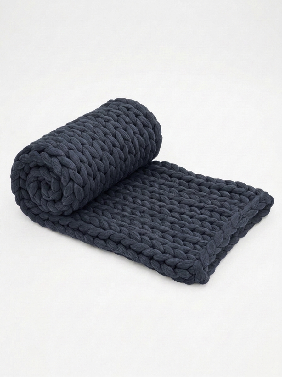 Chunky Knit Throw Blanket — Slate Navy — rolled