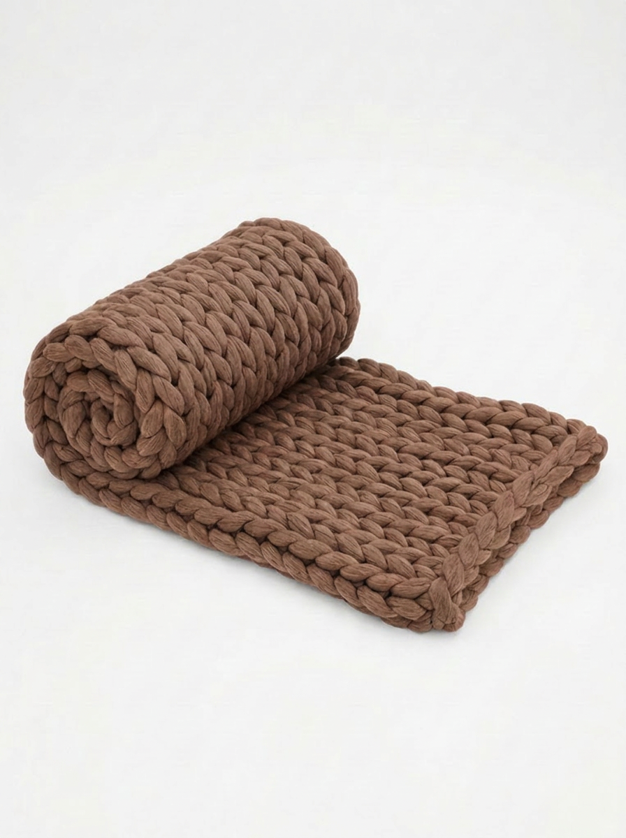 Chunky Knit Throw Blanket — Cocoa Brown — rolled