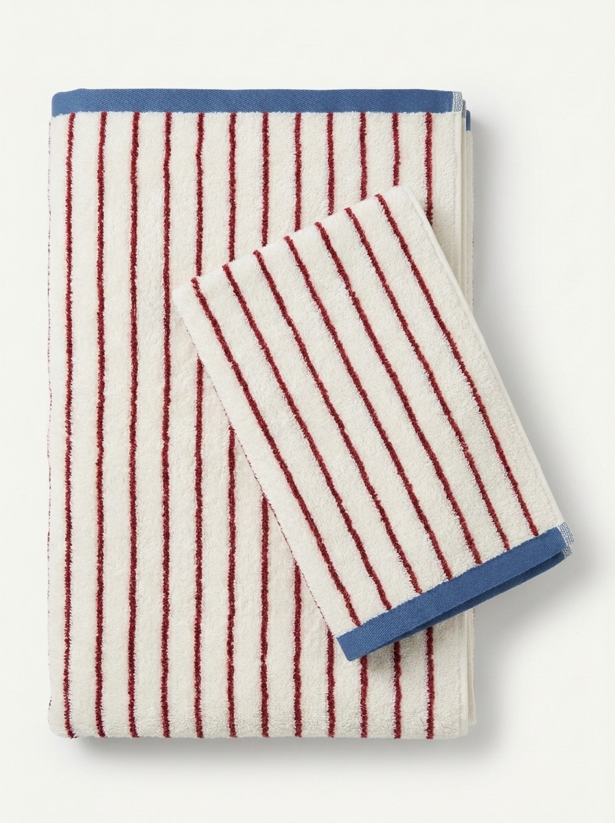 Striped Cotton Terry Towel — Ivory & Red — folded pair