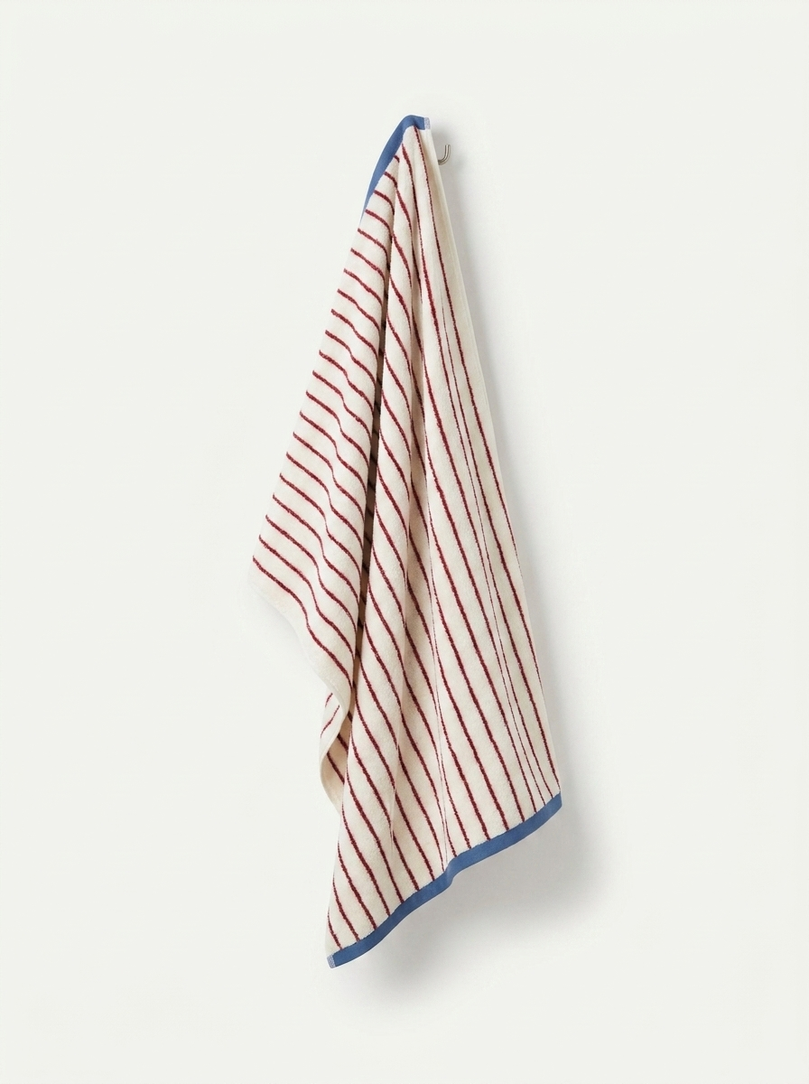 Striped Cotton Terry Towel — Ivory & Red — hung