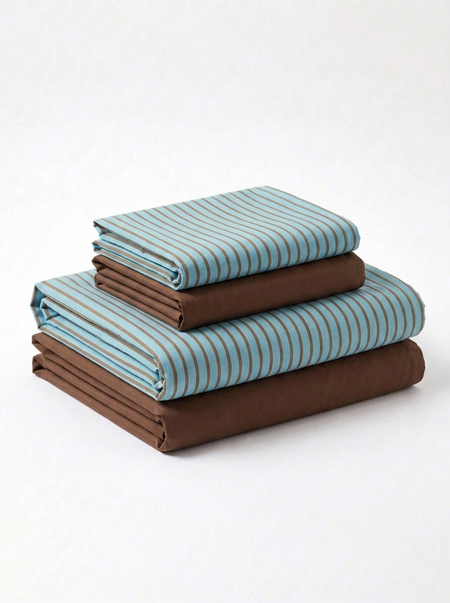INS Striped Cotton Bedding Set — Sky Blue & Cocoa — folded stack