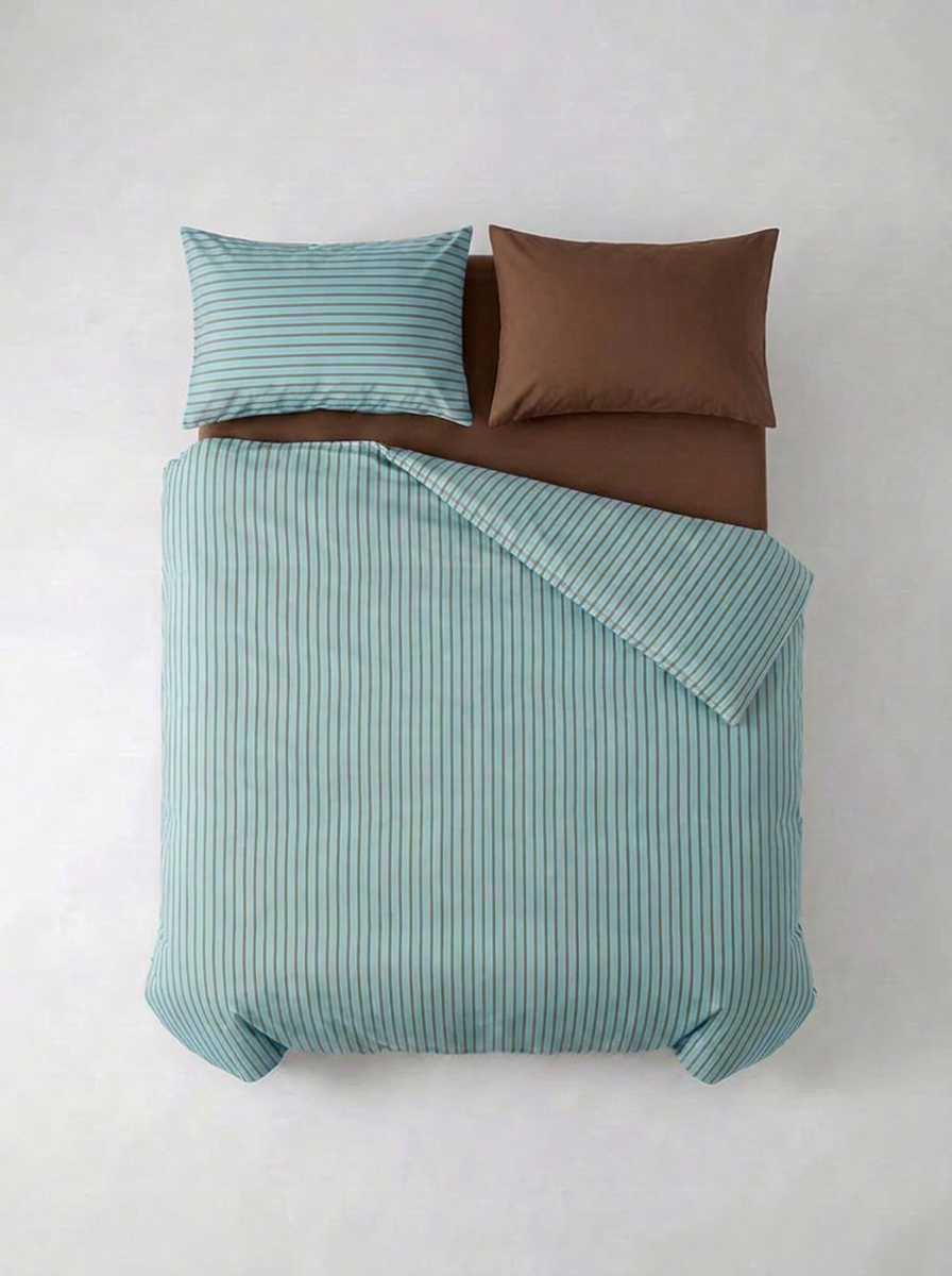 INS Striped Cotton Bedding Set — Sky Blue & Cocoa — flat lay