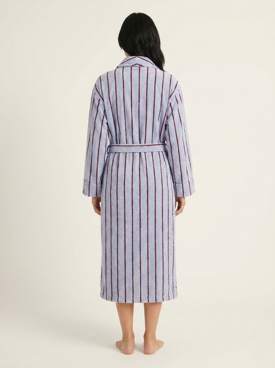 Cotton Terry Bathrobe — Sky Blue & Maroon — back worn