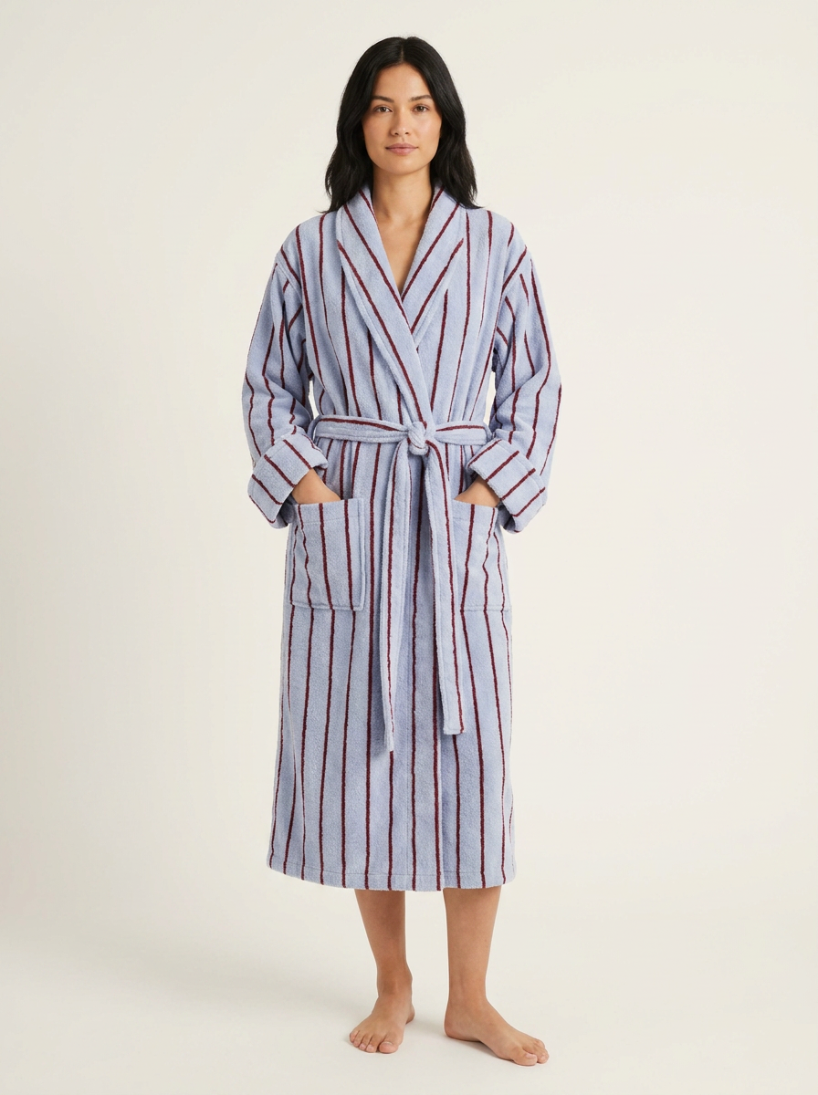 Cotton Bathrobe — Sky Blue & Maroon — front worn