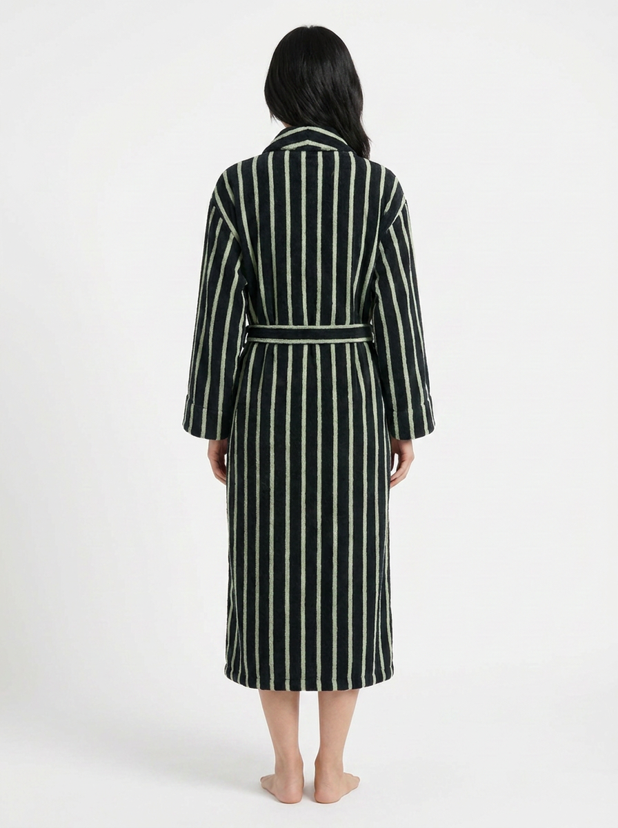 Cotton Terry Bathrobe — Black & Sage Green — back worn