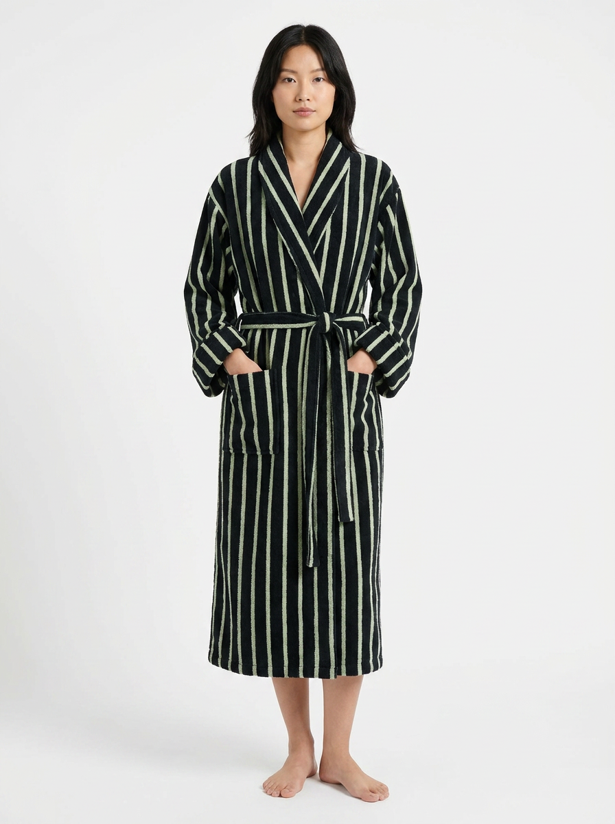 Cotton Terry Bathrobe — Black & Sage Green — front worn