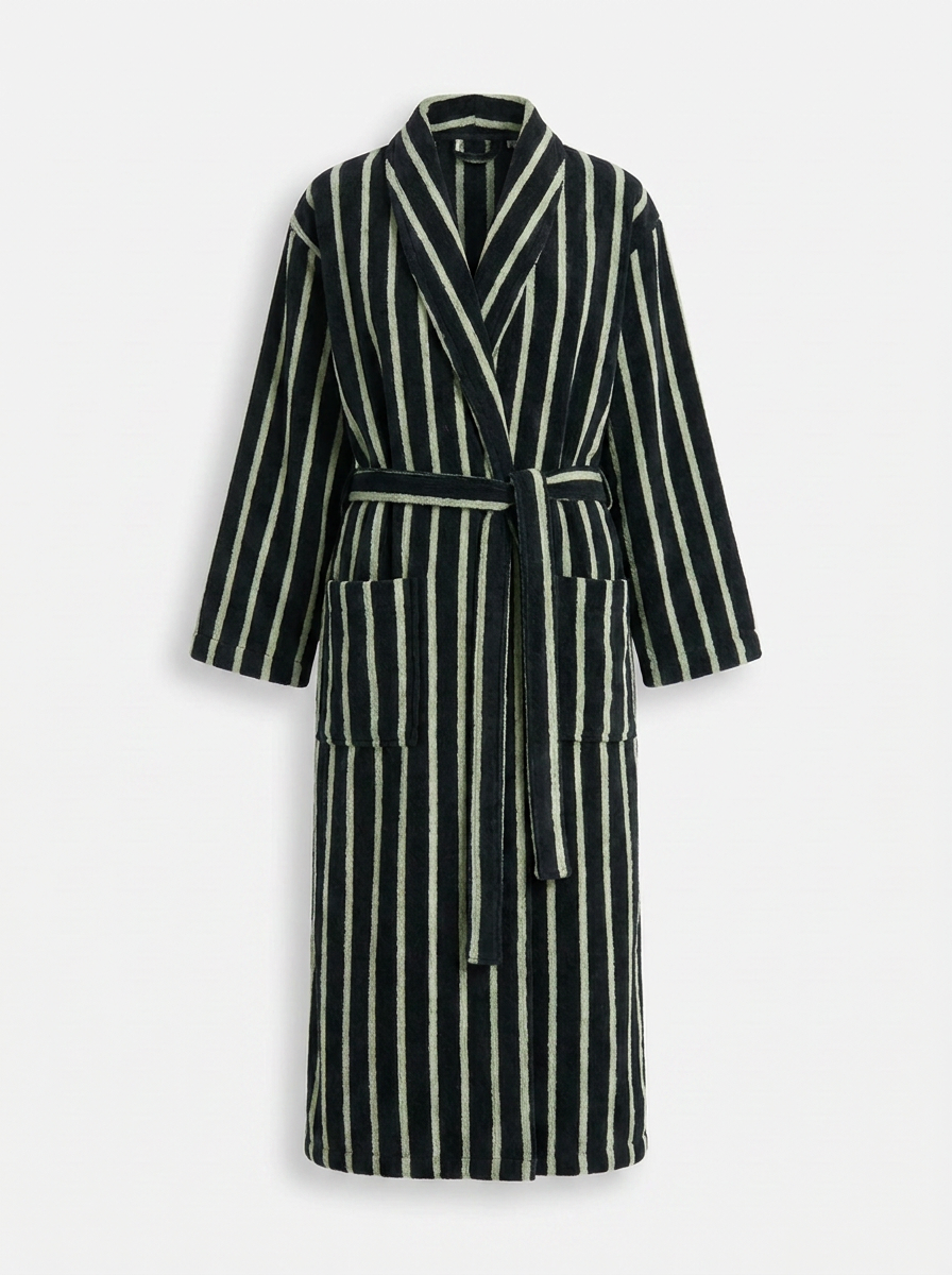 Cotton Terry Bathrobe — Black & Sage Green — ghost flat