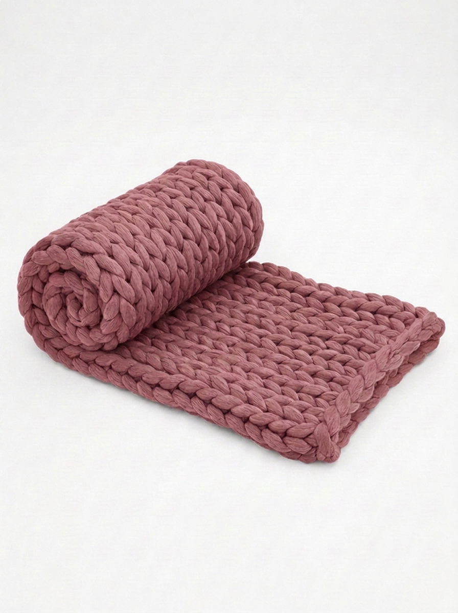 Chunky Knit Throw Blanket — Dusty Mauve — rolled