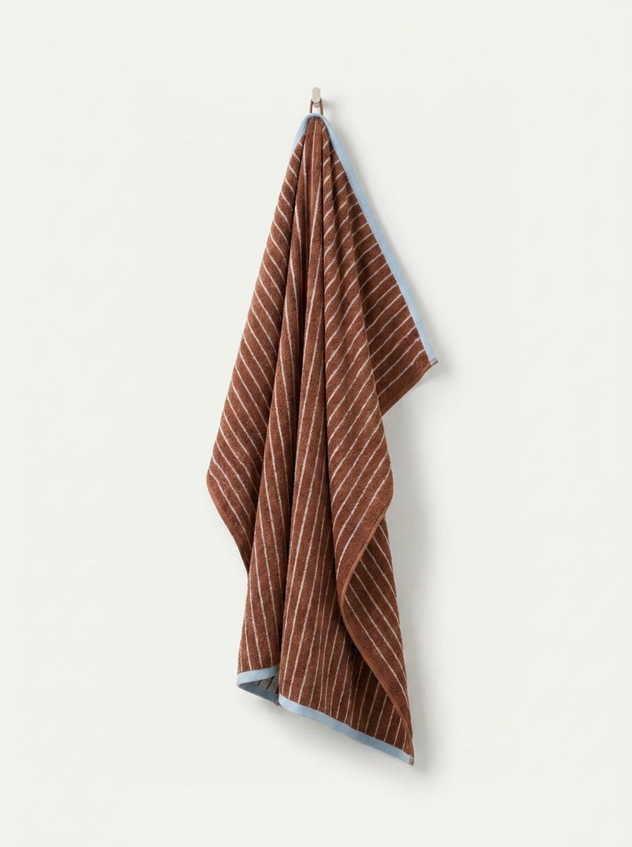 Striped Cotton Terry Towel — Rust & White — hung