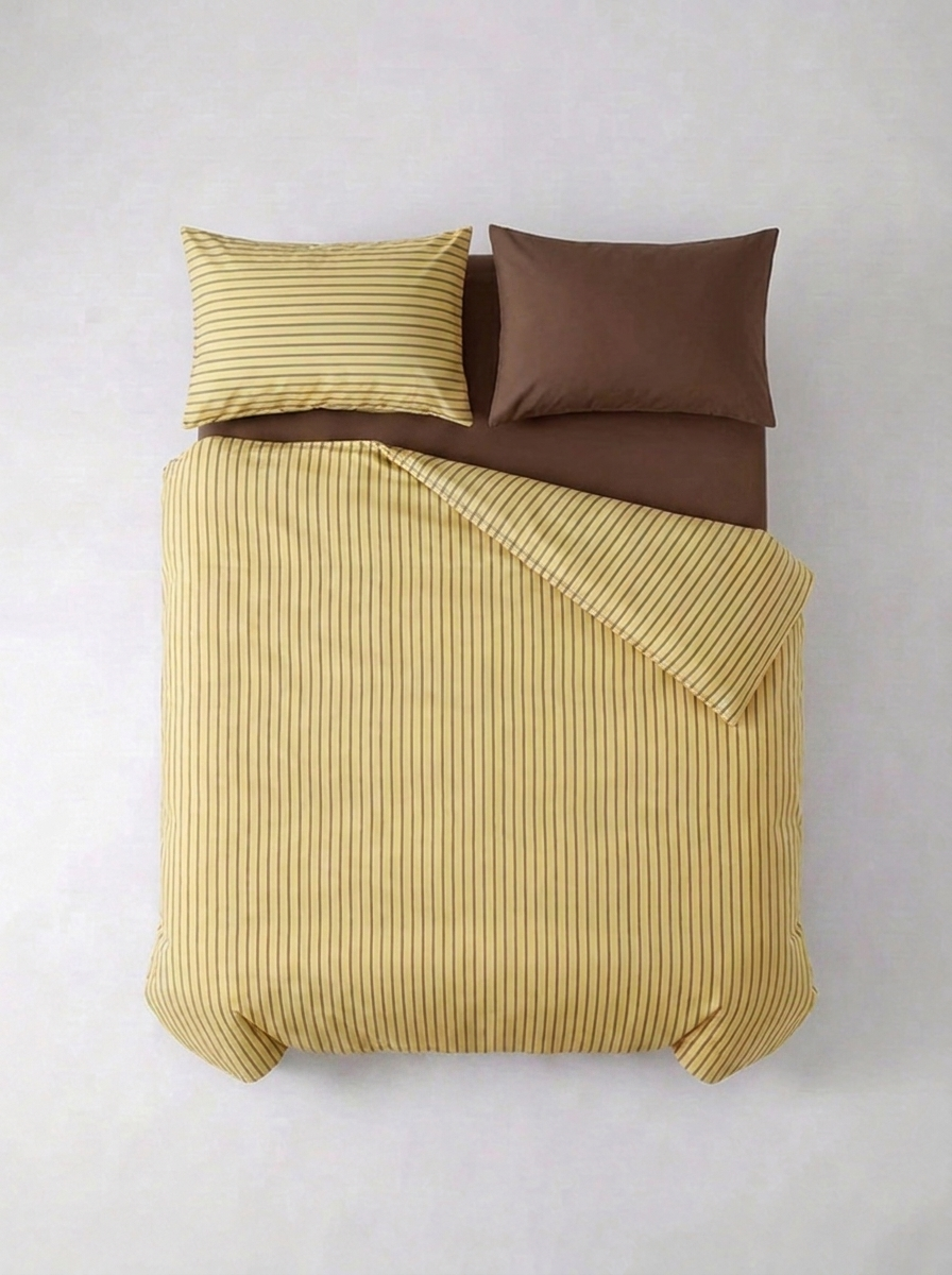 INS Striped Cotton Bedding Set — Yellow & Chocolate — flat lay