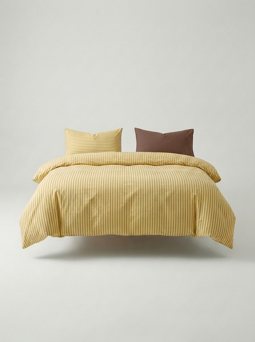 INS Striped Cotton Bedding Set — Yellow & Chocolate — made bed
