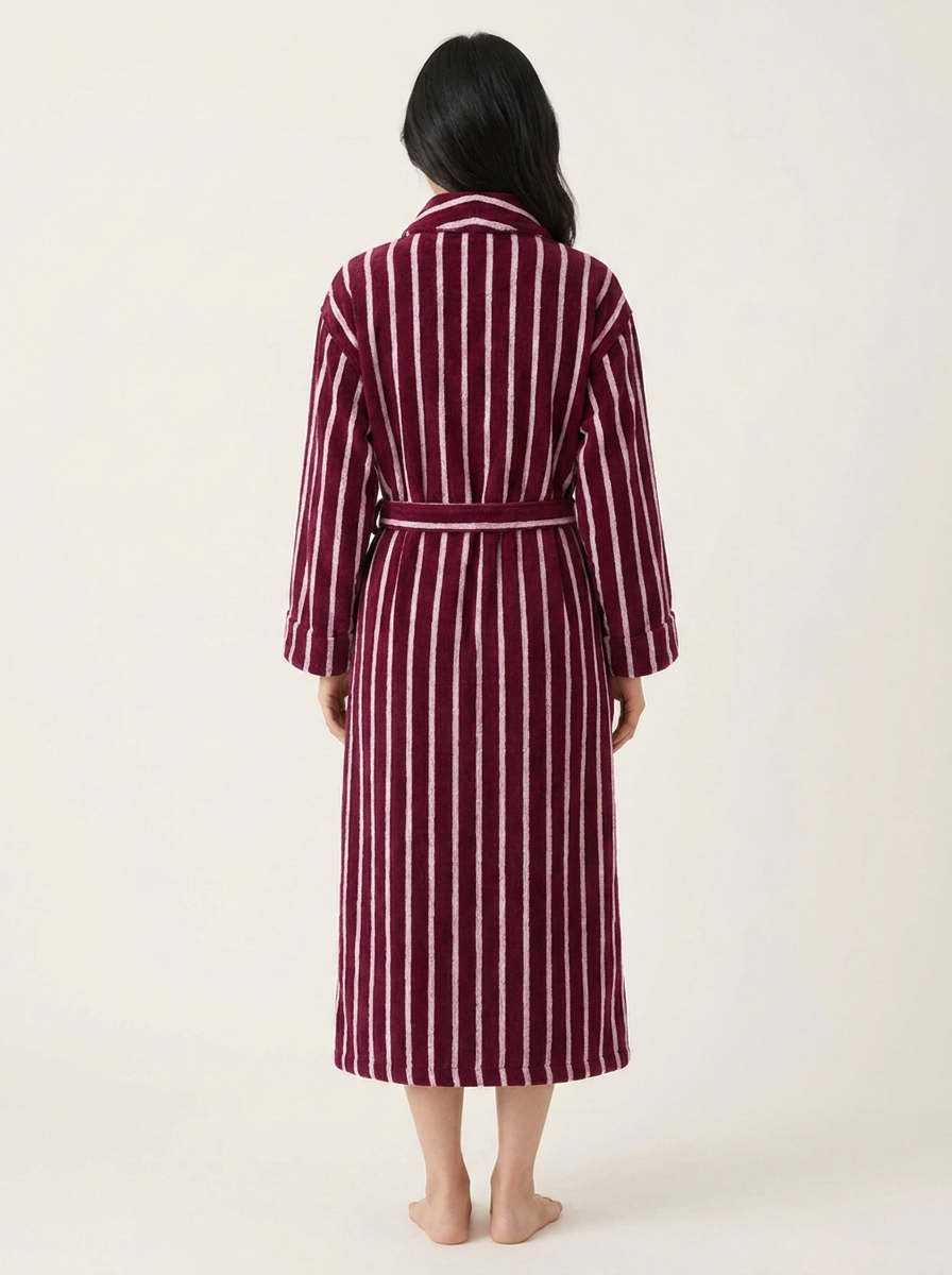 Cotton Terry Bathrobe — Burgundy & Pale Pink — back worn