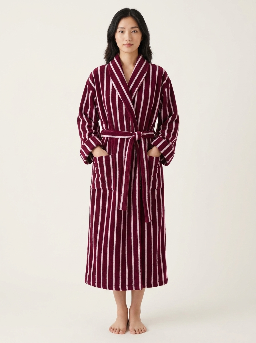 Cotton Terry Bathrobe — Burgundy & Pale Pink — front worn