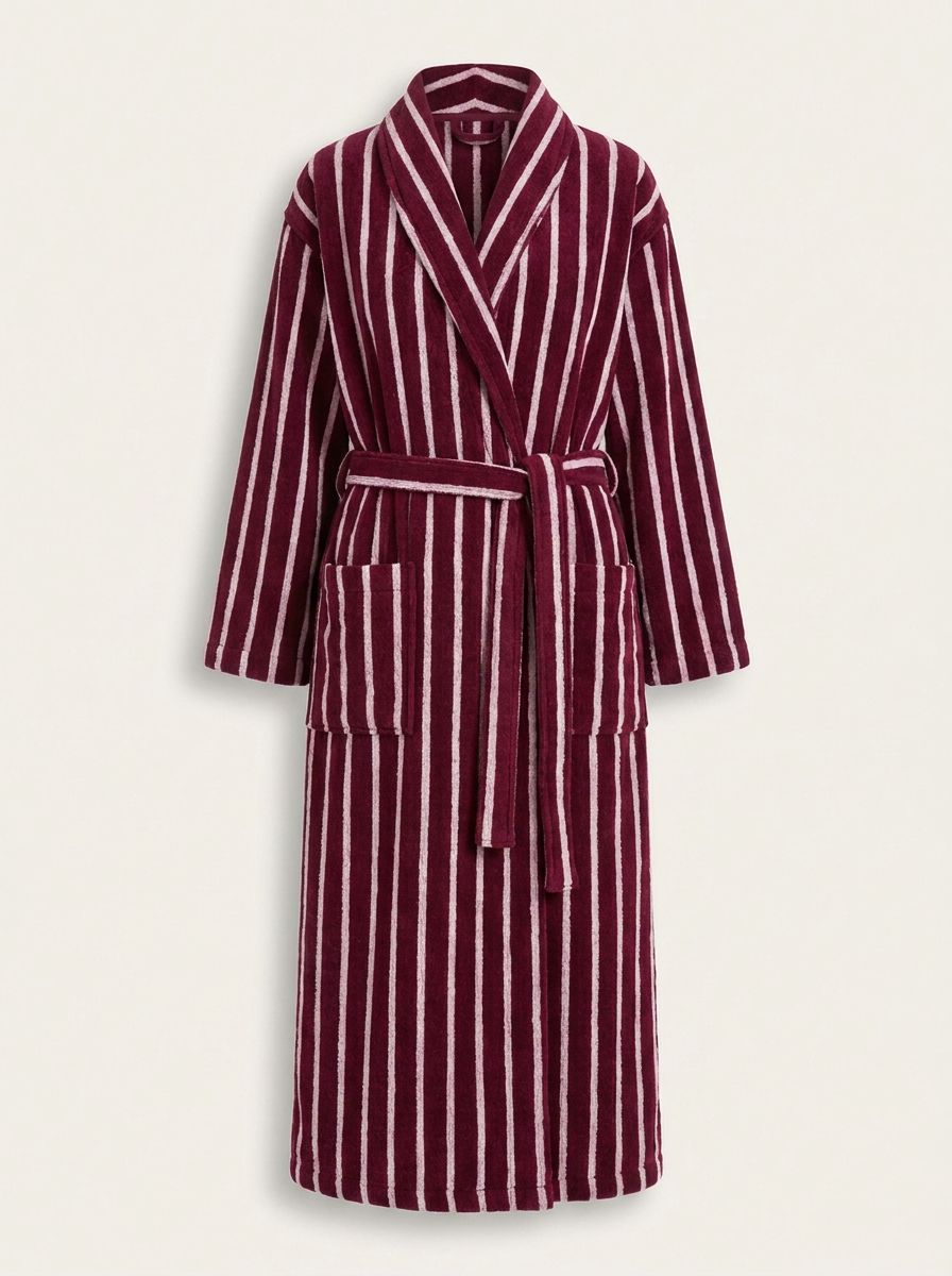 Cotton Terry Bathrobe — Burgundy & Pale Pink — ghost flat