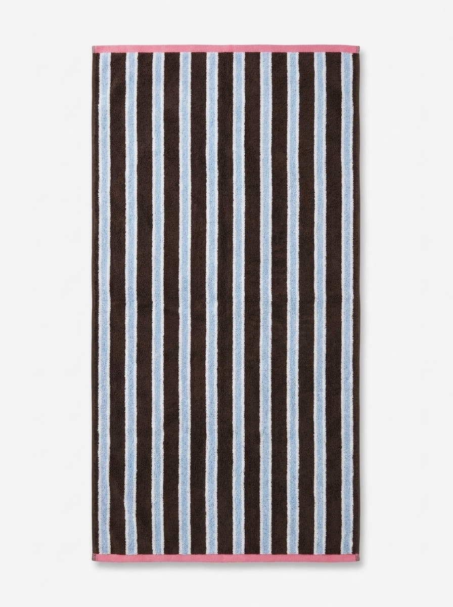 Striped Cotton Terry Towel — Espresso & Sky Blue — flat