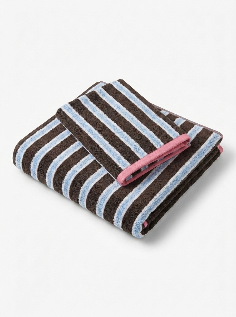 Striped Cotton Terry Towel — Espresso & Sky Blue — folded pair