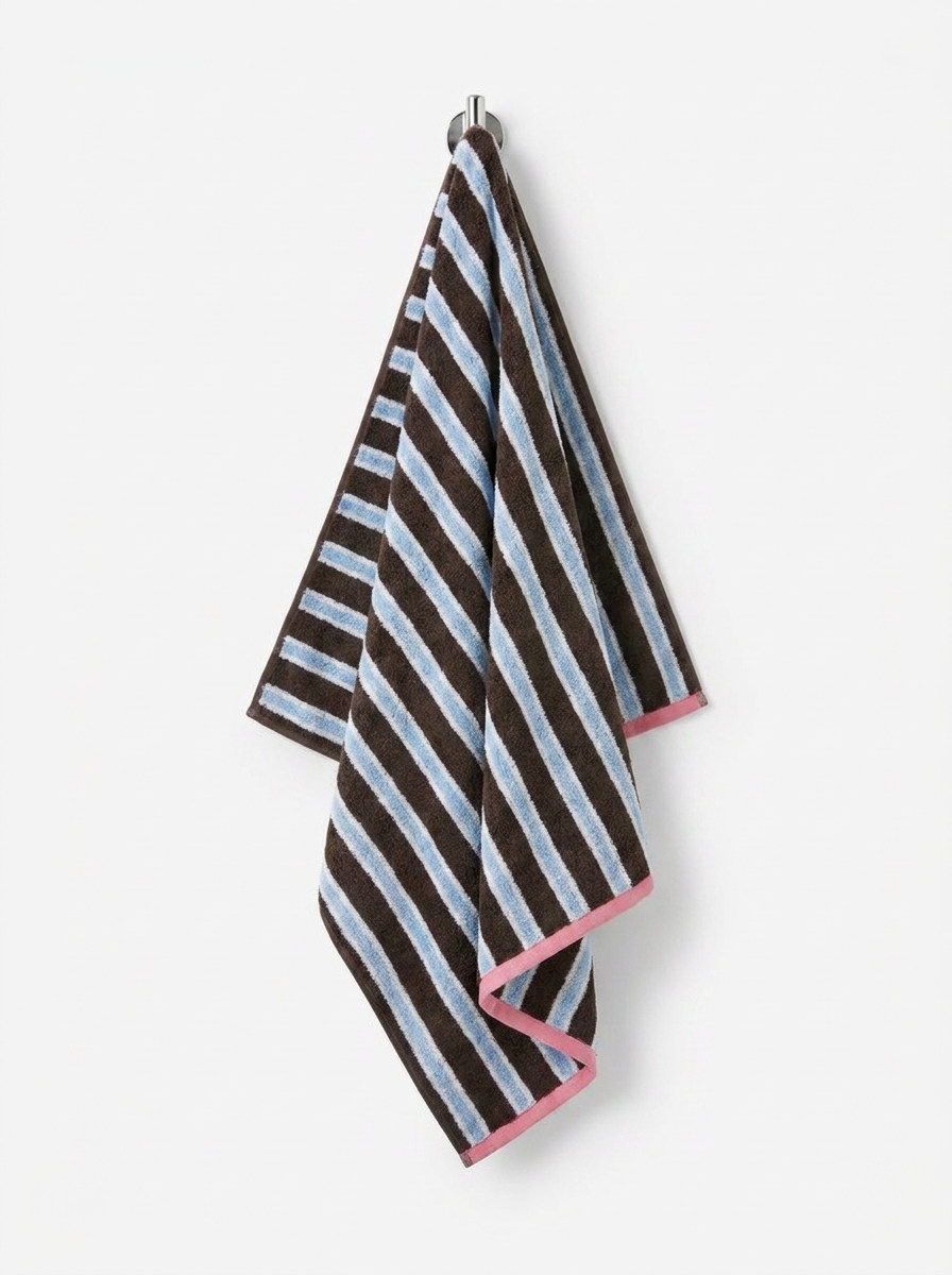 Striped Cotton Terry Towel — Espresso & Sky Blue — hung