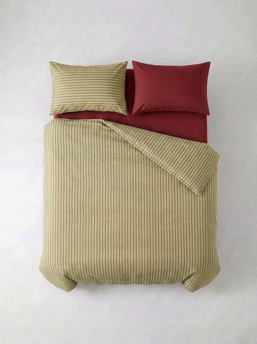 INS Striped Cotton Bedding Set — Olive & Burgundy — flat lay