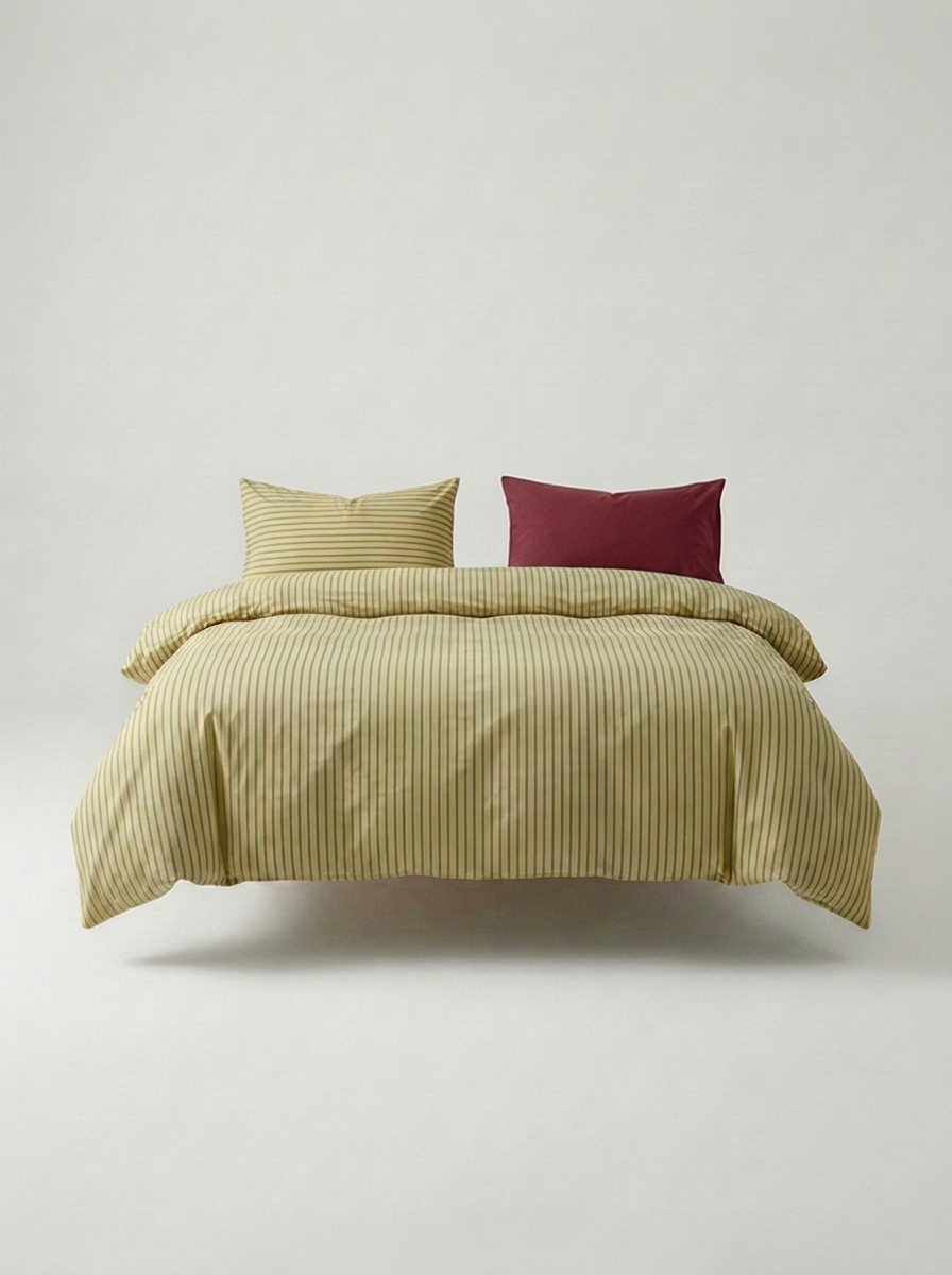 INS Striped Cotton Bedding Set — Olive & Burgundy — made bed
