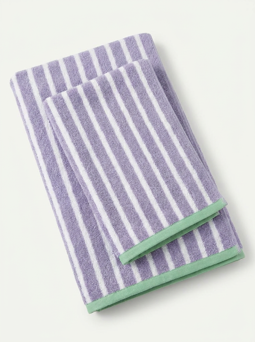 Striped Cotton Terry Towel — Lavender & White — folded pair