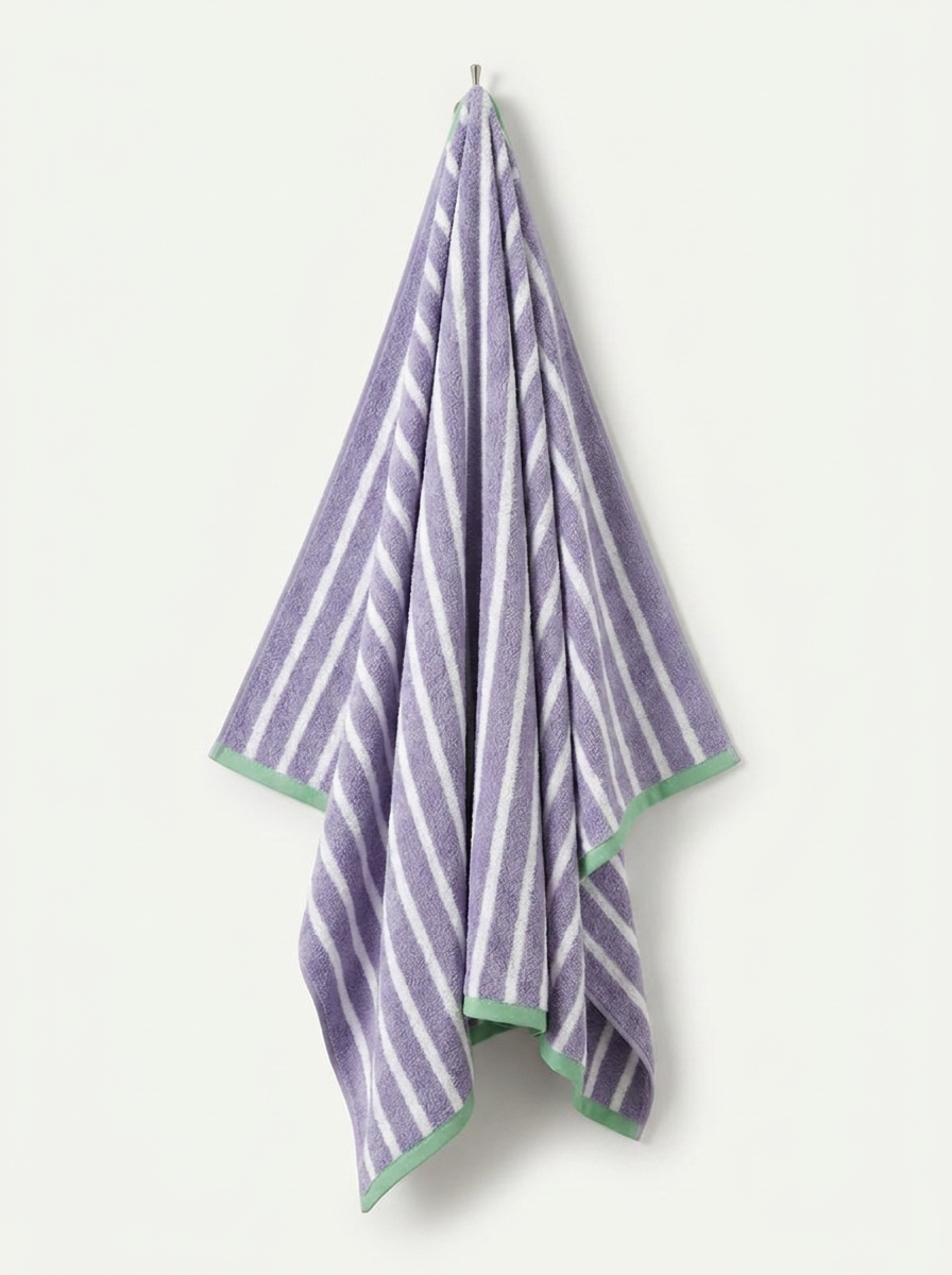 Striped Cotton Terry Towel — Lavender & White — hung