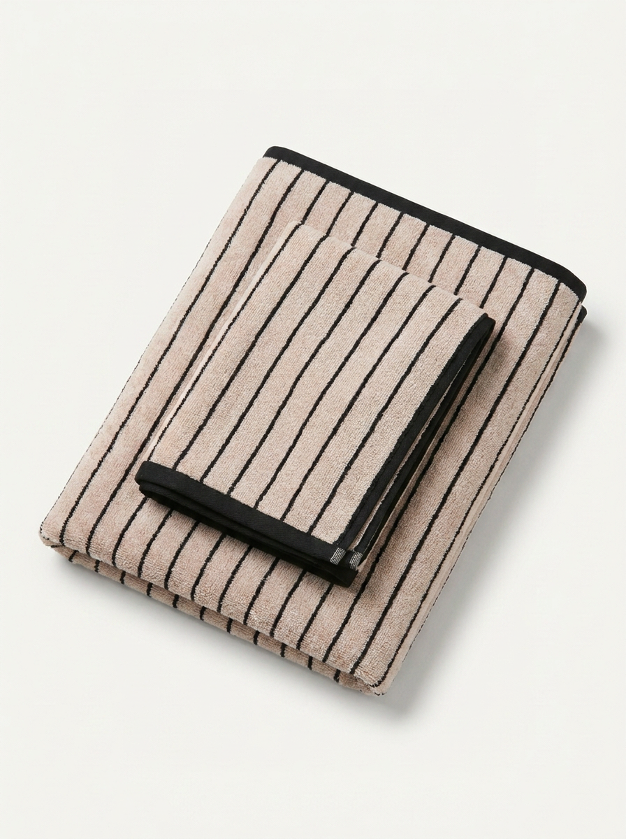 Striped Cotton Terry Towel — Oatmeal & Black — folded pair