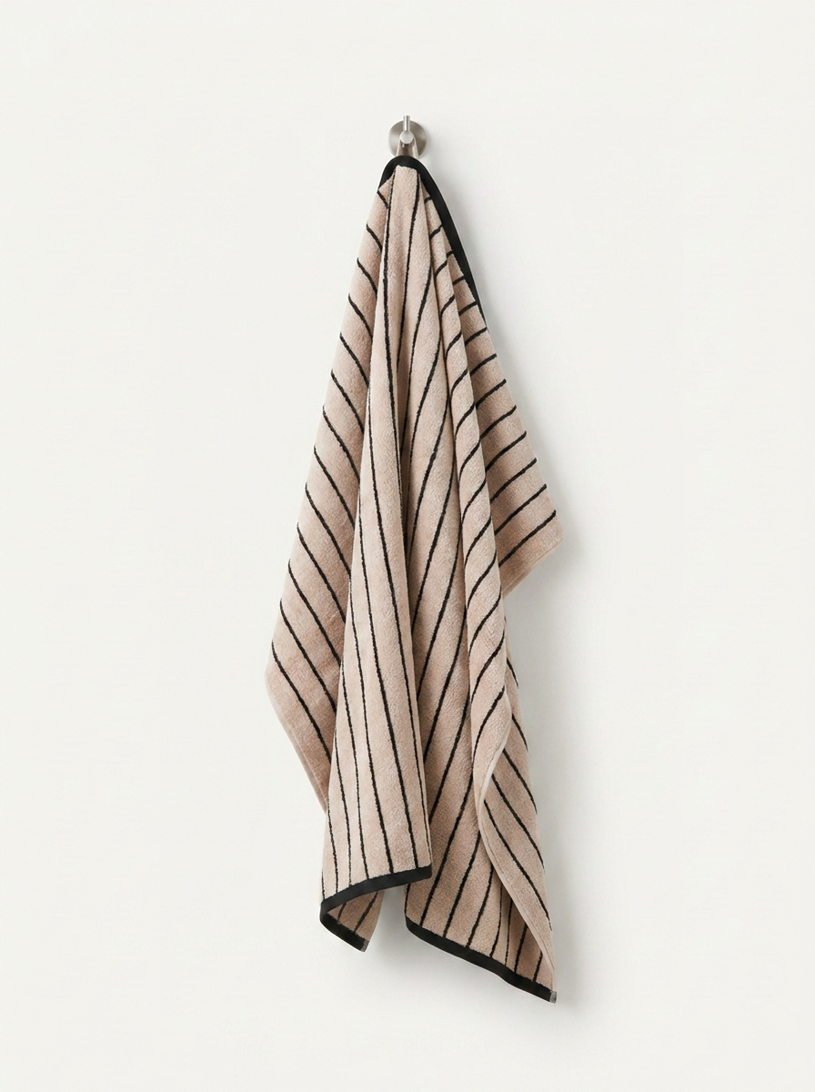 Striped Cotton Terry Towel — Oatmeal & Black — hung